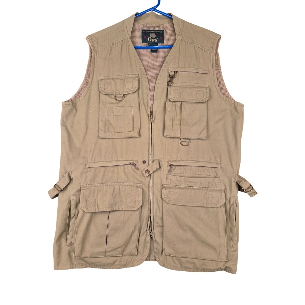 Orvis Mens Khaki Cotton Canvas Multi Pocket Utility Fishing Travel Vest Size‎ M